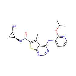 Cc1c(C(=O)N[C@H]2C[C@@H]2N)sc2ncnc(Nc3cccnc3OC(C)C)c12 ZINC000118821200