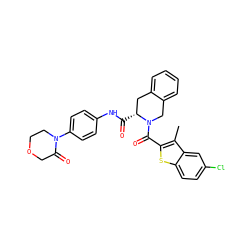 Cc1c(C(=O)N2Cc3ccccc3C[C@H]2C(=O)Nc2ccc(N3CCOCC3=O)cc2)sc2ccc(Cl)cc12 ZINC000084724692