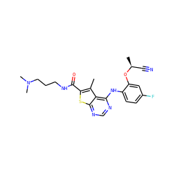 Cc1c(C(=O)NCCCN(C)C)sc2ncnc(Nc3ccc(F)cc3O[C@@H](C)C#N)c12 ZINC000169708382