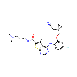 Cc1c(C(=O)NCCCN(C)C)sc2ncnc(Nc3ccc(F)cc3OCC3(CC#N)CC3)c12 ZINC000169686603