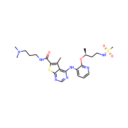 Cc1c(C(=O)NCCCN(C)C)sc2ncnc(Nc3cccnc3O[C@@H](C)CCNS(C)(=O)=O)c12 ZINC000118821584