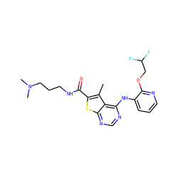 Cc1c(C(=O)NCCCN(C)C)sc2ncnc(Nc3cccnc3OCC(F)F)c12 ZINC000118830317