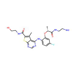 Cc1c(C(=O)NCCO)sc2ncnc(Nc3ccc(F)cc3O[C@H](C)C(=O)NCCN)c12 ZINC000118816816