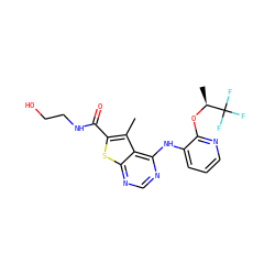 Cc1c(C(=O)NCCO)sc2ncnc(Nc3cccnc3O[C@@H](C)C(F)(F)F)c12 ZINC000169708363