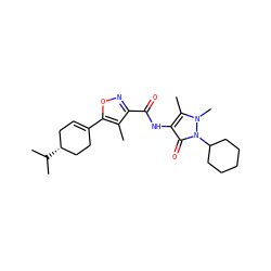 Cc1c(C(=O)Nc2c(C)n(C)n(C3CCCCC3)c2=O)noc1C1=CC[C@@H](C(C)C)CC1 ZINC001772648991