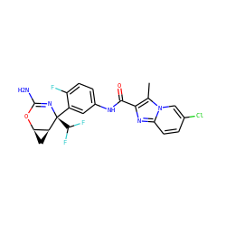 Cc1c(C(=O)Nc2ccc(F)c([C@@]3(C(F)F)N=C(N)O[C@@H]4C[C@@H]43)c2)nc2ccc(Cl)cn12 ZINC000226083076