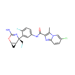 Cc1c(C(=O)Nc2ccc(F)c([C@@]3(CF)N=C(N)O[C@@H]4C[C@@H]43)c2)nc2ccc(Cl)cn12 ZINC000226087894