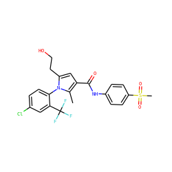 Cc1c(C(=O)Nc2ccc(S(C)(=O)=O)cc2)cc(CCO)n1-c1ccc(Cl)cc1C(F)(F)F ZINC000068202924