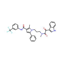 Cc1c(C(=O)Nc2cccc(C(F)(F)F)c2)cc(-c2ccccc2)n1CCCN(C)C(=O)C(=O)c1c[nH]c2ccccc12 ZINC000221030343