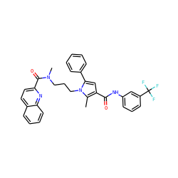 Cc1c(C(=O)Nc2cccc(C(F)(F)F)c2)cc(-c2ccccc2)n1CCCN(C)C(=O)c1ccc2ccccc2n1 ZINC000221033688