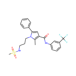 Cc1c(C(=O)Nc2cccc(C(F)(F)F)c2)cc(-c2ccccc2)n1CCCNS(C)(=O)=O ZINC000220747978