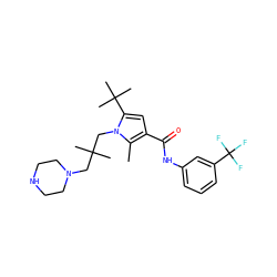 Cc1c(C(=O)Nc2cccc(C(F)(F)F)c2)cc(C(C)(C)C)n1CC(C)(C)CN1CCNCC1 ZINC000220830207