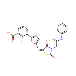 Cc1c(C(=O)O)cccc1-c1ccc(/C=C2/SC(=O)N(CC(=O)Nc3ccc(F)cc3)C2=O)o1 ZINC000002169967