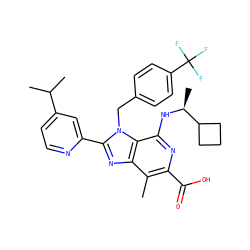 Cc1c(C(=O)O)nc(N[C@@H](C)C2CCC2)c2c1nc(-c1cc(C(C)C)ccn1)n2Cc1ccc(C(F)(F)F)cc1 ZINC000219427461