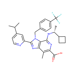 Cc1c(C(=O)O)nc(N[C@H](C)C2CCC2)c2c1nc(-c1cc(C(C)C)ccn1)n2Cc1ccc(C(F)(F)F)cc1 ZINC000169708084
