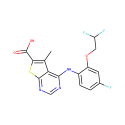 Cc1c(C(=O)O)sc2ncnc(Nc3ccc(F)cc3OCC(F)F)c12 ZINC000169708385