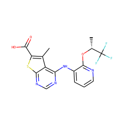 Cc1c(C(=O)O)sc2ncnc(Nc3cccnc3O[C@H](C)C(F)(F)F)c12 ZINC000118739165