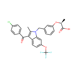 Cc1c(C(=O)c2ccc(Cl)cc2)c2ccc(OC(F)(F)F)cc2n1Cc1cccc(O[C@@H](C)C(=O)O)c1 ZINC000044351719