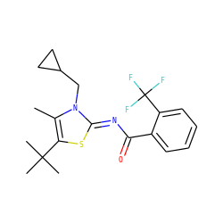 Cc1c(C(C)(C)C)s/c(=N\C(=O)c2ccccc2C(F)(F)F)n1CC1CC1 ZINC000028954335