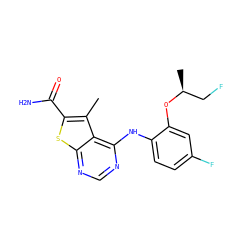Cc1c(C(N)=O)sc2ncnc(Nc3ccc(F)cc3O[C@@H](C)CF)c12 ZINC000169686622