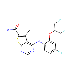 Cc1c(C(N)=O)sc2ncnc(Nc3ccc(F)cc3OC(CF)CF)c12 ZINC000118824271