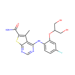 Cc1c(C(N)=O)sc2ncnc(Nc3ccc(F)cc3OC(CO)CO)c12 ZINC000169686625