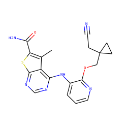 Cc1c(C(N)=O)sc2ncnc(Nc3cccnc3OCC3(CC#N)CC3)c12 ZINC000118835300