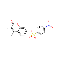 Cc1c(C)c2ccc(OS(=O)(=O)c3ccc([N+](=O)[O-])cc3)cc2oc1=O ZINC000013835564