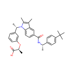 Cc1c(C)n([C@@H](C)c2cccc(O[C@@H](C)C(=O)O)c2)c2ccc(C(=O)N[C@@H](C)c3ccc(C(C)(C)C)cc3)cc12 ZINC000206010839