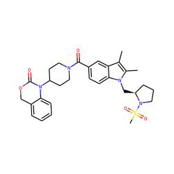 Cc1c(C)n(C[C@H]2CCCN2S(C)(=O)=O)c2ccc(C(=O)N3CCC(N4C(=O)OCc5ccccc54)CC3)cc12 ZINC000029210952