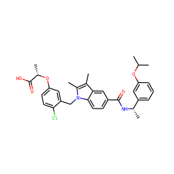 Cc1c(C)n(Cc2cc(O[C@@H](C)C(=O)O)ccc2Cl)c2ccc(C(=O)N[C@@H](C)c3cccc(OC(C)C)c3)cc12 ZINC000205994095