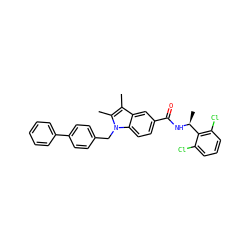 Cc1c(C)n(Cc2ccc(-c3ccccc3)cc2)c2ccc(C(=O)N[C@@H](C)c3c(Cl)cccc3Cl)cc12 ZINC000207186501