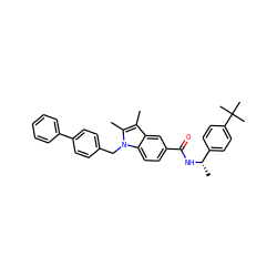 Cc1c(C)n(Cc2ccc(-c3ccccc3)cc2)c2ccc(C(=O)N[C@@H](C)c3ccc(C(C)(C)C)cc3)cc12 ZINC000207185649