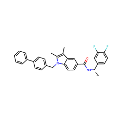 Cc1c(C)n(Cc2ccc(-c3ccccc3)cc2)c2ccc(C(=O)N[C@@H](C)c3ccc(F)c(F)c3)cc12 ZINC000207190013