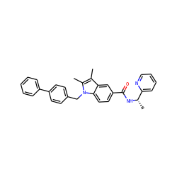 Cc1c(C)n(Cc2ccc(-c3ccccc3)cc2)c2ccc(C(=O)N[C@@H](C)c3ccccn3)cc12 ZINC000207186637