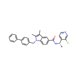 Cc1c(C)n(Cc2ccc(-c3ccccc3)cc2)c2ccc(C(=O)N[C@@H](C)c3ccncc3Cl)cc12 ZINC000207186770