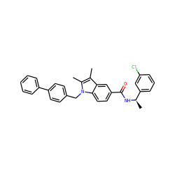 Cc1c(C)n(Cc2ccc(-c3ccccc3)cc2)c2ccc(C(=O)N[C@H](C)c3cccc(Cl)c3)cc12 ZINC000207187597