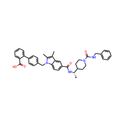 Cc1c(C)n(Cc2ccc(-c3ccccc3C(=O)O)cc2)c2ccc(C(=O)N[C@@H](C)C3CCN(C(=O)NCc4ccccc4)CC3)cc12 ZINC000198907480
