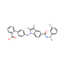 Cc1c(C)n(Cc2ccc(-c3ccccc3C(=O)O)cc2)c2ccc(C(=O)N[C@@H](C)c3cccc(Br)c3)cc12 ZINC000198340947