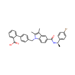 Cc1c(C)n(Cc2ccc(-c3ccccc3C(=O)O)cc2)c2ccc(C(=O)N[C@H](C)c3ccc(Br)cc3)cc12 ZINC000205953217