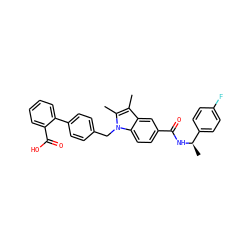 Cc1c(C)n(Cc2ccc(-c3ccccc3C(=O)O)cc2)c2ccc(C(=O)N[C@H](C)c3ccc(F)cc3)cc12 ZINC000205971876