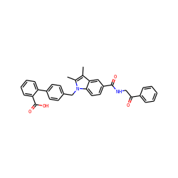 Cc1c(C)n(Cc2ccc(-c3ccccc3C(=O)O)cc2)c2ccc(C(=O)NCC(=O)c3ccccc3)cc12 ZINC000198565073