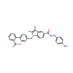 Cc1c(C)n(Cc2ccc(-c3ccccc3C(=O)O)cc2)c2ccc(C(=O)NCc3ccc(N)cc3)cc12 ZINC000219232463