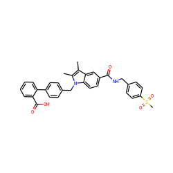 Cc1c(C)n(Cc2ccc(-c3ccccc3C(=O)O)cc2)c2ccc(C(=O)NCc3ccc(S(C)(=O)=O)cc3)cc12 ZINC000205972420