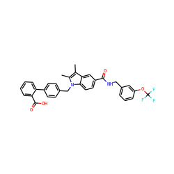 Cc1c(C)n(Cc2ccc(-c3ccccc3C(=O)O)cc2)c2ccc(C(=O)NCc3cccc(OC(F)(F)F)c3)cc12 ZINC000205973878
