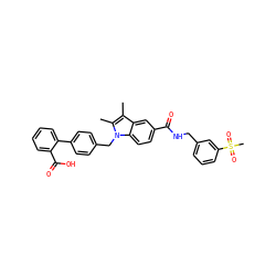 Cc1c(C)n(Cc2ccc(-c3ccccc3C(=O)O)cc2)c2ccc(C(=O)NCc3cccc(S(C)(=O)=O)c3)cc12 ZINC000205966068
