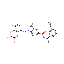 Cc1c(C)n(Cc2ccc(Cl)c(O[C@@H](C)C(=O)O)c2)c2ccc(C(=O)N[C@@H](C)c3cccc(C4CC4)c3)cc12 ZINC000206010884