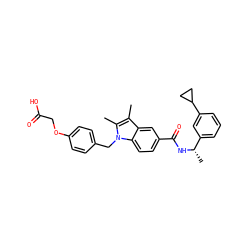 Cc1c(C)n(Cc2ccc(OCC(=O)O)cc2)c2ccc(C(=O)N[C@@H](C)c3cccc(C4CC4)c3)cc12 ZINC000199073715