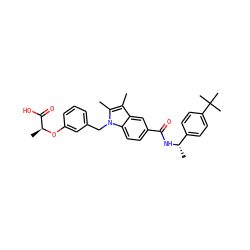 Cc1c(C)n(Cc2cccc(O[C@@H](C)C(=O)O)c2)c2ccc(C(=O)N[C@@H](C)c3ccc(C(C)(C)C)cc3)cc12 ZINC000205994880