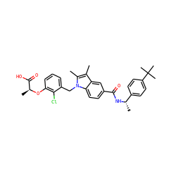 Cc1c(C)n(Cc2cccc(O[C@@H](C)C(=O)O)c2Cl)c2ccc(C(=O)N[C@@H](C)c3ccc(C(C)(C)C)cc3)cc12 ZINC000206014590